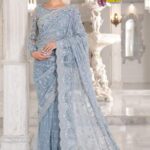 Luxury Heavy work Unstitched Desinger wedding Partywear Net Saree Light Sky Blue