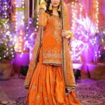 Luxury Heavy work Unstitched Net Wedding Desinger Lhenga Gharara Orange Dress with Net Embroidered Dupatta