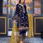 Luxury Heavy work Unstitched  Wedding Desinger Navy Blue Velvet Dress with mysoori Embroidered Dupatta
