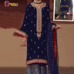 Luxury Heavy Work Unstitched Wedding Desinger Velvet Blue Dress With Net embroidered Dupatta