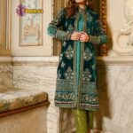 Luxury Heavy Work Unstitched Wedding Desinger Velvet Green Dress With Net embroidered Dupatta