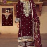 Velevt Luxury Heavy work Unstitched Wedding Desinger Maroon Dress With Net Embroided Dupatta
