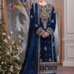 Velvet Luxury Heavy Work Unstitched Designer navy blue Dress With Net Embroidered Dupatta