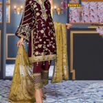 Velvet Luxury Heavy work Unstitched Wedding Desinger Maroon Dress with MAYSOORI Embroidered Dupatta