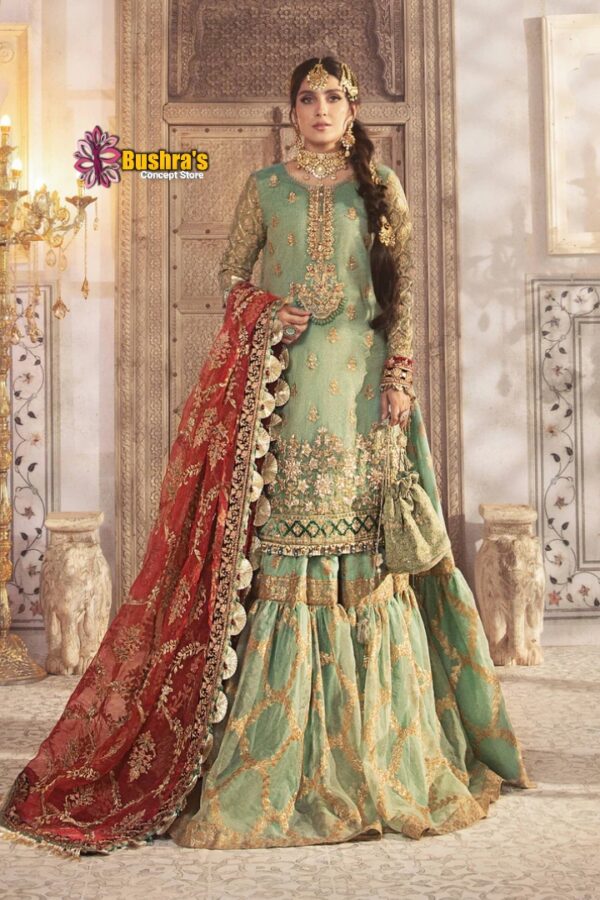 Luxury Heavy work Unstitched Net Wedding Desinger Sea Green Gharara Plazo Dress with Net Embroidered Duppata