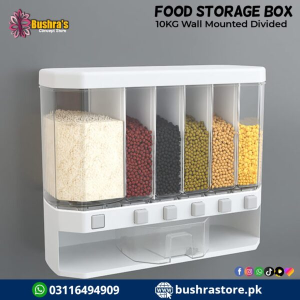 10KG Wall Mounted Divided Rice and Cereal Dispenser 6 Moisture Proof Plastic Automatic Racks Sealed Food Storage Box