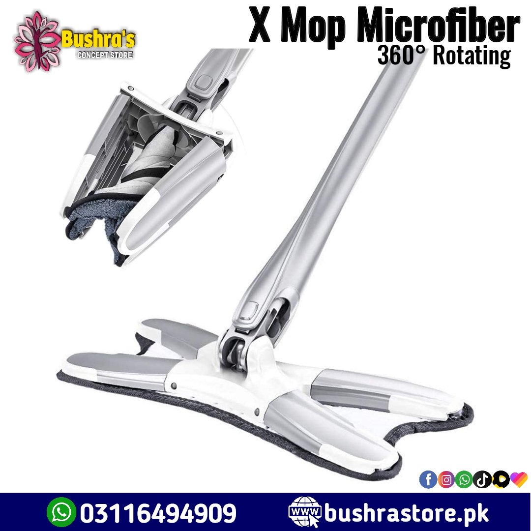 Rotating X Mop Flat Microfiber Floor Mop with 360° Squeeze System and Replaceable Cloth Heads