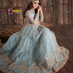 Luxury Heavy work Unstitched Net Wedding Desinger sky blue Frock Maxi Dress with Net Embroidered Dupatta