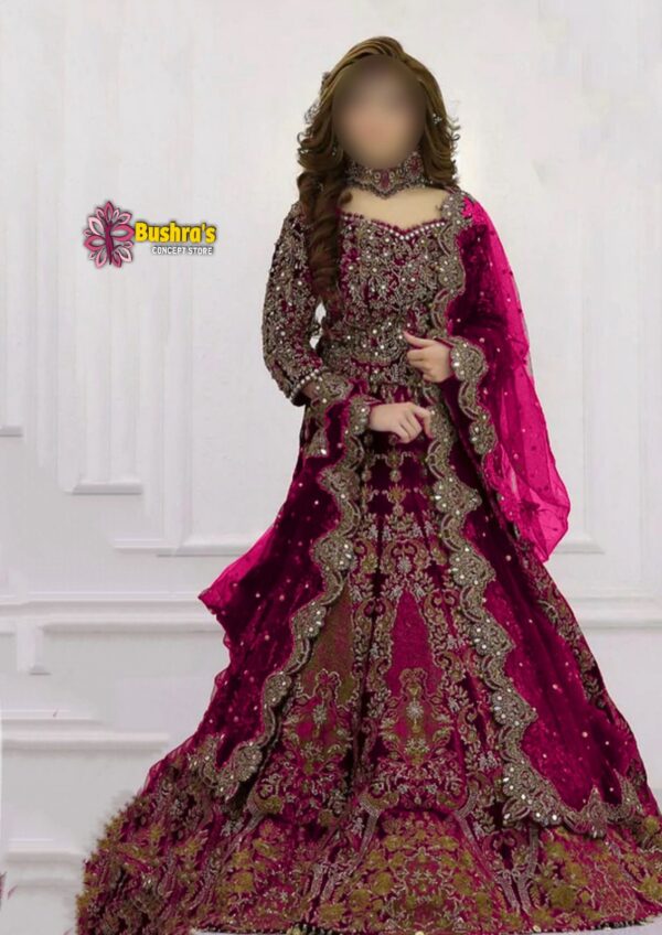 Luxury have work Unstitched Net Wedding Desinger Pink Frock Maxi Dress with Net Embroidered Dupatta