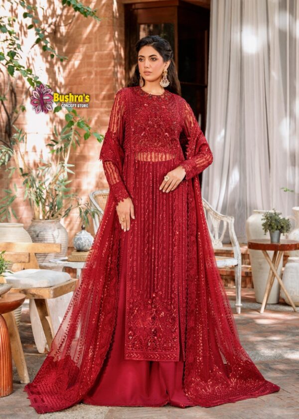 Luxury have work Unstitched Net Wedding Desinger Red Frock Maxi Dress with Net Embroidered Dupatta