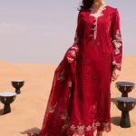 Summer Luxury Lawn Unstitched Designer Red Dress with Organza Embroidered Dupatta