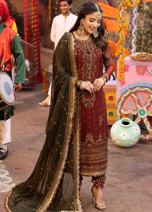 Luxury Heavy work Unstitched 
chiffon Wedding maroon Dress With Embroidered Dupatta