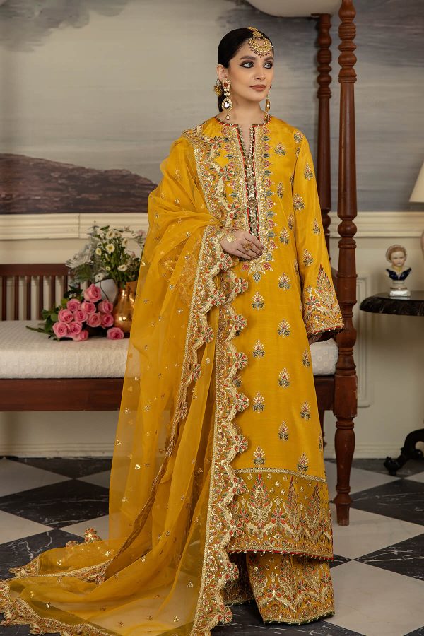 Luxury Heavy work Unstitched 
organza Wedding yellow Dress With Embroidered Dupatta