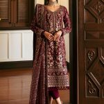 Luxury Heavy work Unstitched Chiffon Wedding Maroon Dress With Organza Heavy work Dupatta