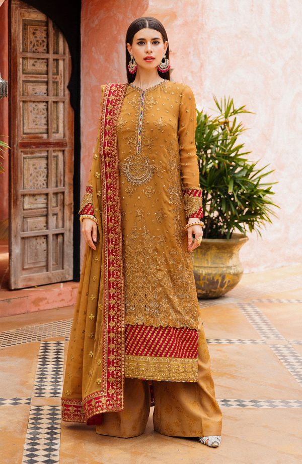 Elegant Luxury Work Unstitched Wedding Partywear Nikha Walima Engagement Mehndi Mayon Yellow Mustard Dress