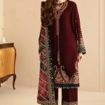 Velvet Luxury Unstitched Wedding Partywear winter  Maroon Dress