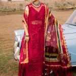 Elegant summer Luxury Chikenkari & Cutwork Lawn Cotton Unstitched Red Maroon Dress With Silk Digital Printed Dupatta