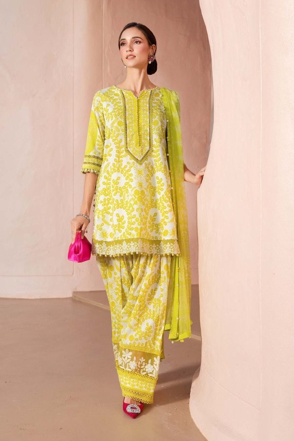 Elegant Printed Embroaided Summer Lawn Lemon Yellow Dress