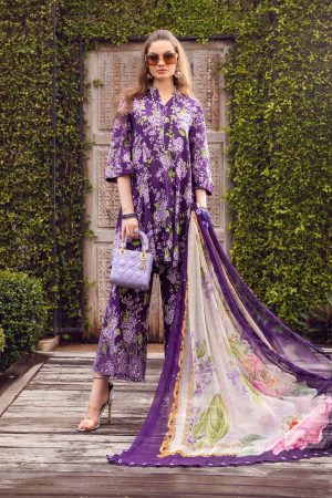 Elegant summer Printed Embroidery Lawn Unstitched Purple Dress