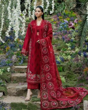 Elegant summer Luxury Chikankari Embroidery Lawn Cotton Unstitched Red Maroon Dress