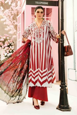 Elegant summer Printed Embroidery Lawn Unstitched Red Dress