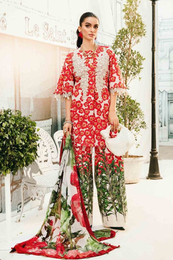 Elegant summer Printed Embroidery Lawn Unstitched Red Dress