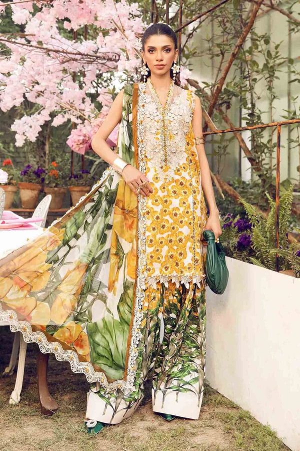 Elegant summer Printed Embroidery Lawn Unstitched Yellow Dress