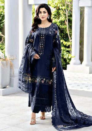 Elegant summer Luxury Chikankari Embroidery Lawn Cotton Unstitched Navy Blue Dress