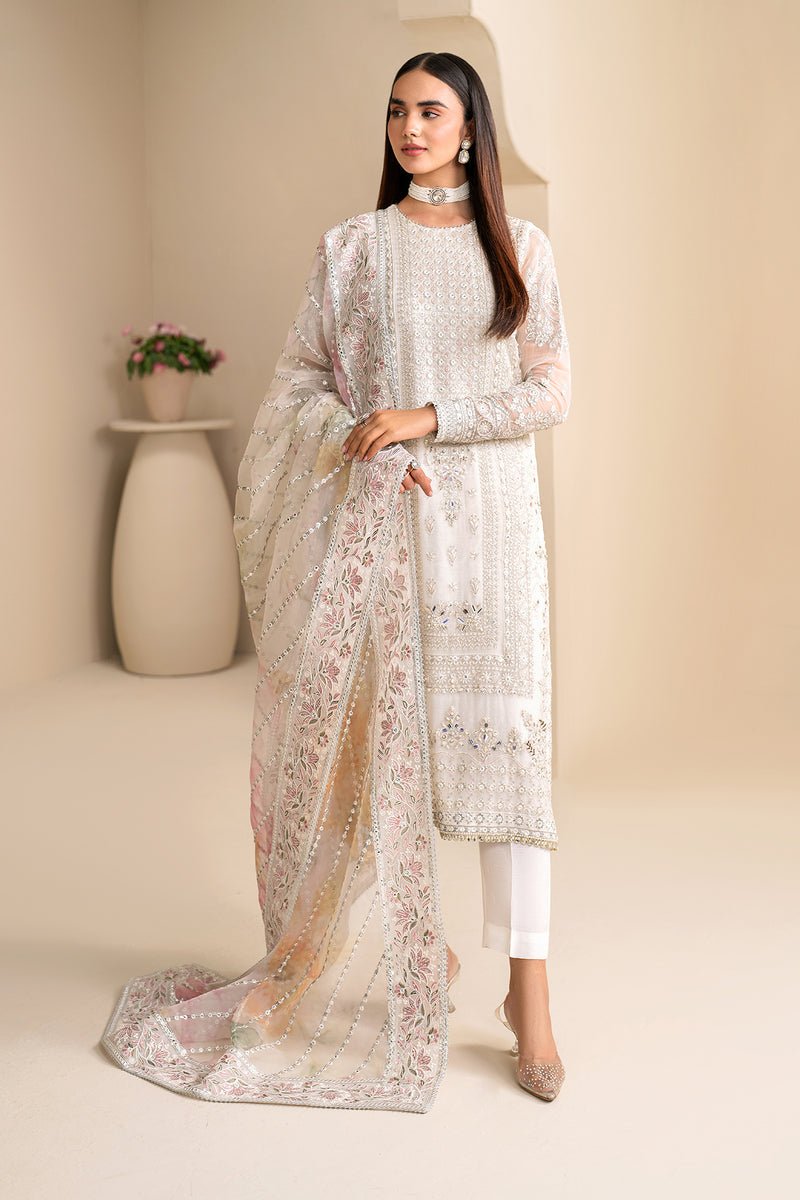 Elegant Luxury Work Unstitched Wedding Partywear Off-white Dress Nikha Walima Engagement Mehndi Mayon Dress