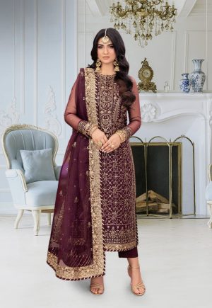 Elegant Luxury Work Unstitched Wedding Partywear Maroon Dress Nikha Walima Engagement Mehndi Mayon Dress