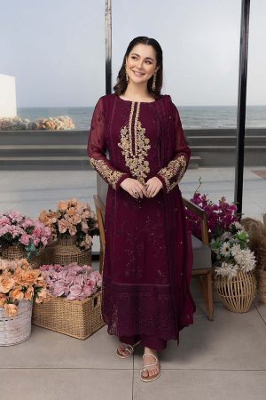 Elegant Luxury Work Unstitched Wedding Partywear Maroon Dress Nikha Walima Engagement Mehndi Mayon Dress