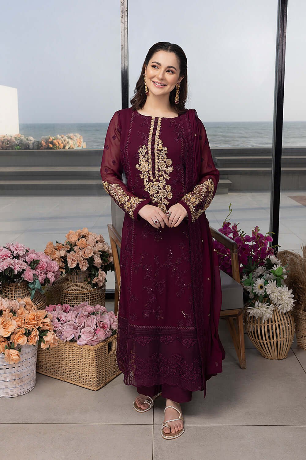 Elegant Luxury Work Unstitched Wedding Partywear Maroon Dress Nikha Walima Engagement Mehndi Mayon Dress