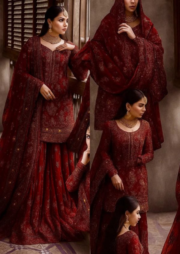 Elegant Luxury Work Unstitched Wedding Partywear Maroon Dress Nikha Walima Engagement Mehndi Mayon Dress
