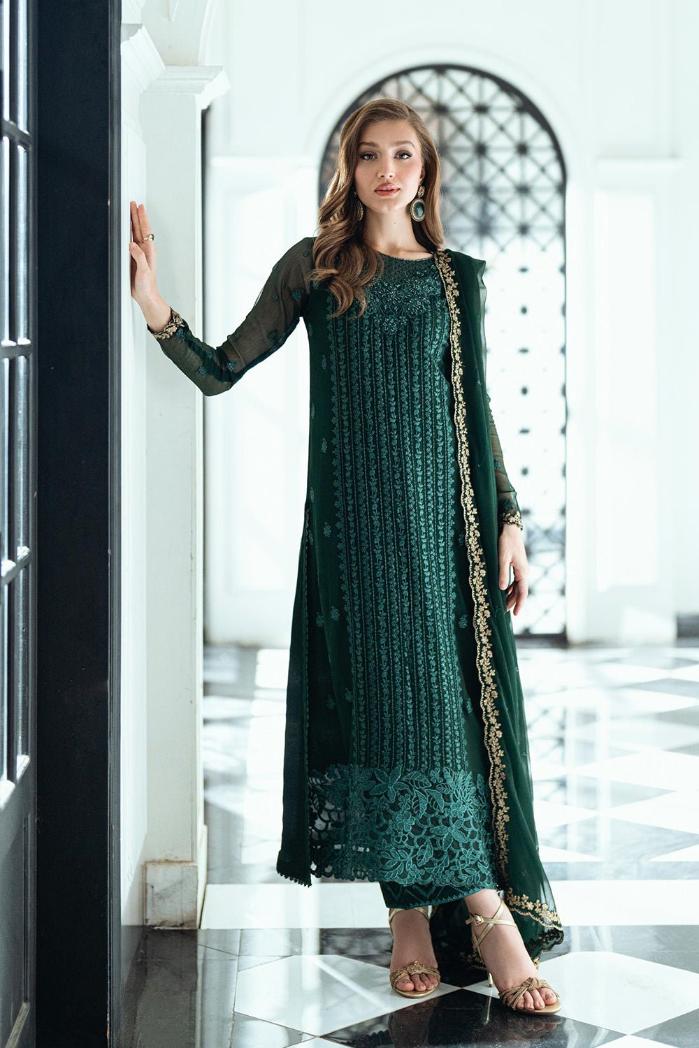 Elegant Luxury Work Unstitched Wedding Partywear Green Dress Nikha Walima Engagement Mehndi Mayon Dress