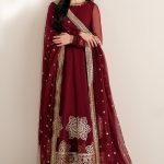 Elegant Luxury Work Unstitched Wedding Partywear Maroon Frock Dress Nikha Walima Engagement Mehndi Mayon Dress