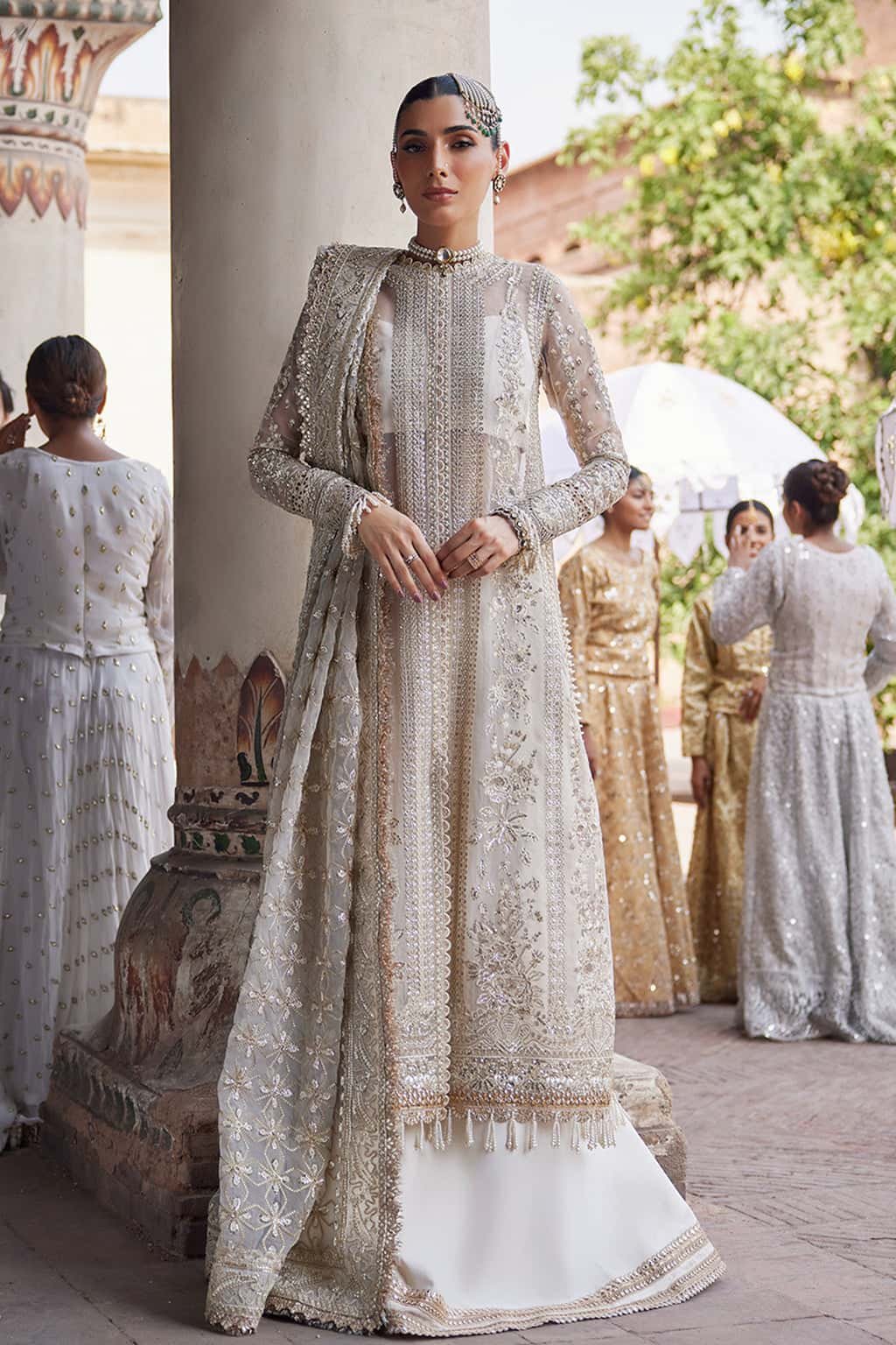 Elegant Luxury Work Unstitched Wedding Partywear Off-white Dress Nikha Walima Engagement Mehndi Mayon Dress