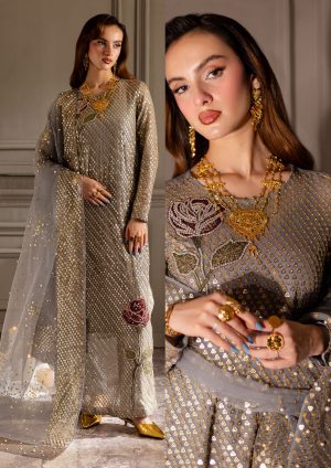 Elegant Luxury Work Unstitched Wedding Partywear Gray Dress Nikha Walima Engagement Mehndi Mayon Dress