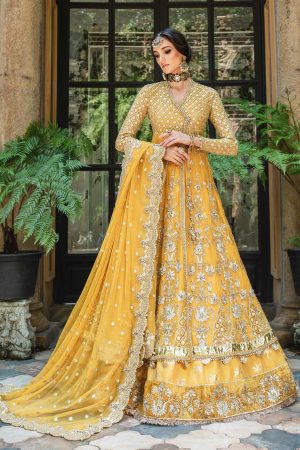 Elegant Luxury Work Unstitched Wedding Partywear Yellow Frock Dress Nikha Walima Engagement Mehndi Mayon Dress