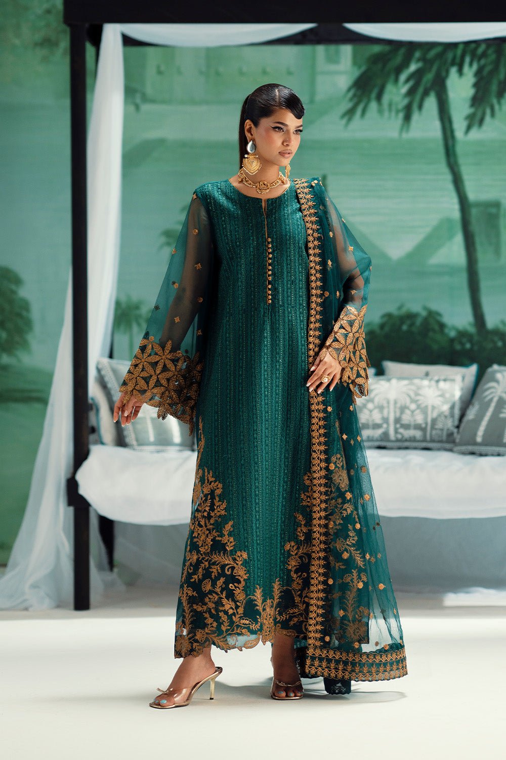 Elegant Luxury Work Unstitched Wedding Partywear Dark green Dress Nikha Walima Engagement Mehndi Mayon Dress