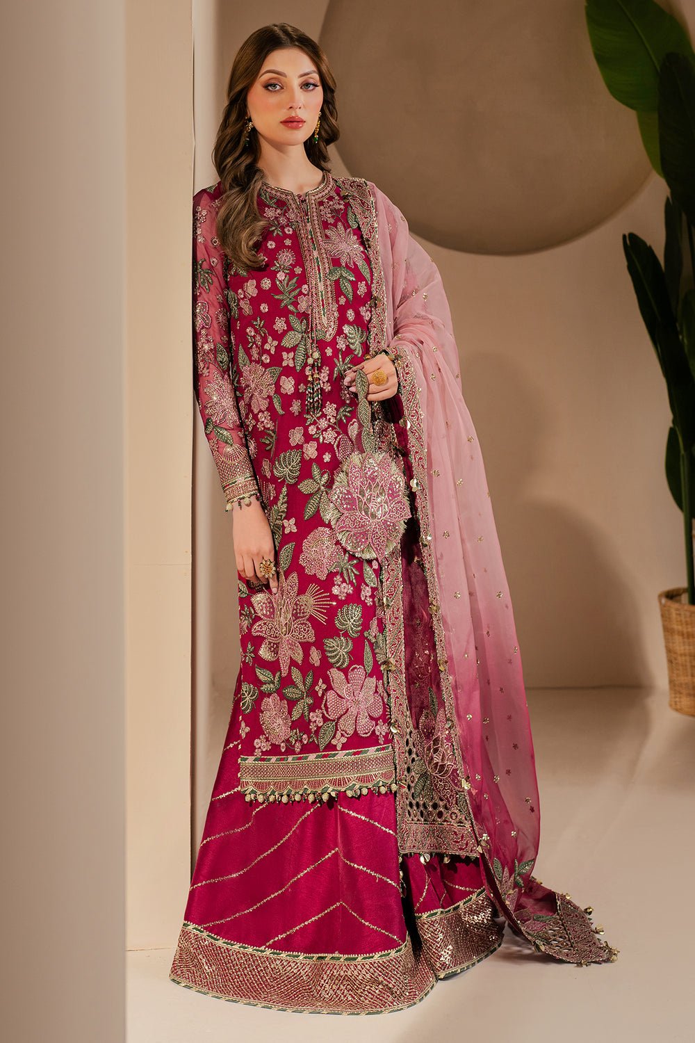 Elegant Luxury Work Unstitched Wedding Partywear Dark Pink Dress Nikha Walima Engagement Mehndi Mayon Dress