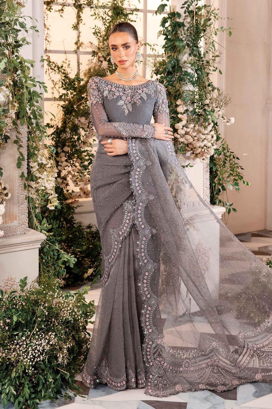 Elegant Luxury Work Unstitched Wedding Partywear Gray Saree Dress Nikha Walima Engagement Mehndi Mayon Dress