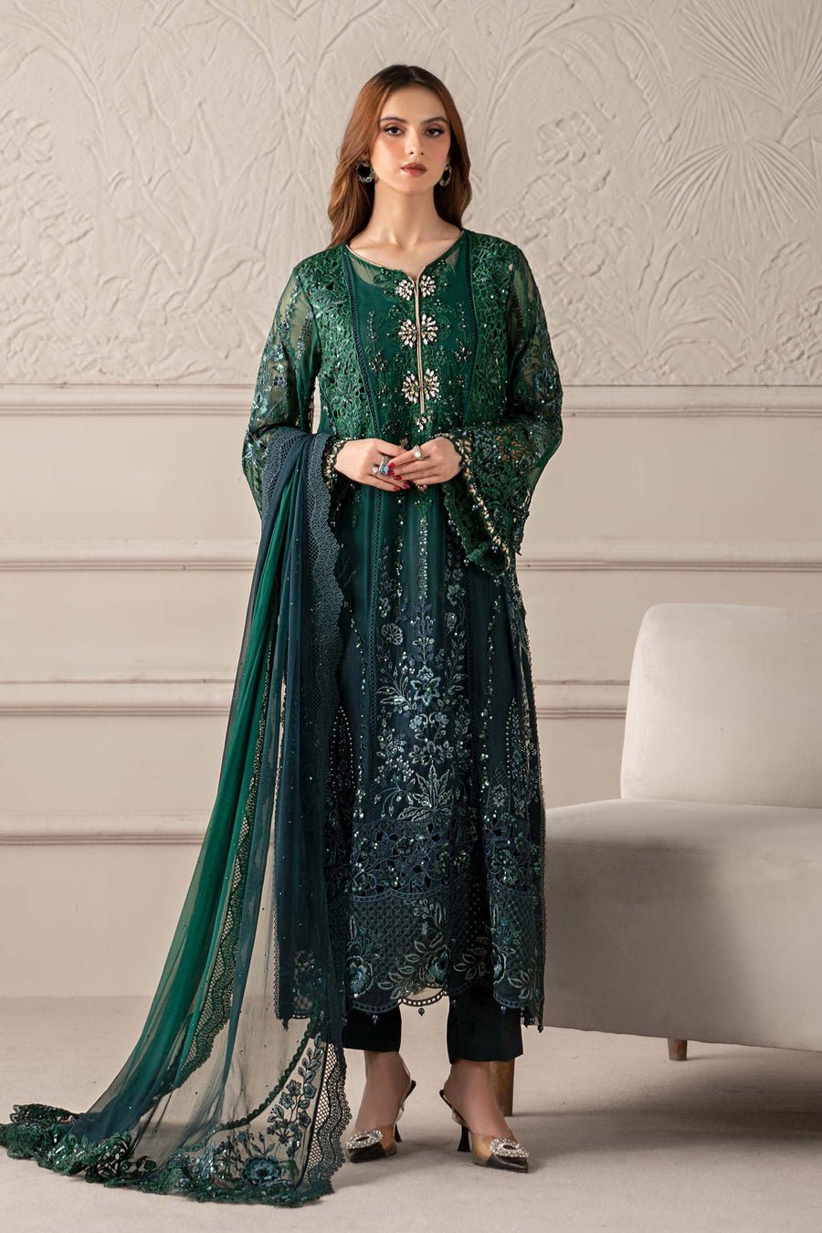 Elegant Luxury Work Unstitched Wedding Partywear Green Dress Nikha Walima Engagement Mehndi Mayon Dress