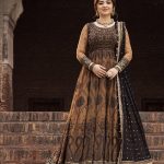 Elegant Luxury Work Unstitched Wedding Partywear Golden Brown Frok Dress Nikha Walima Engagement Mehndi Mayon Dress