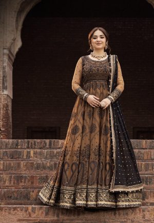 Elegant Luxury Work Unstitched Wedding Partywear Golden Brown Frok Dress Nikha Walima Engagement Mehndi Mayon Dress