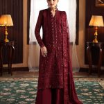 Elegant Luxury Work Unstitched Wedding Partywear Maroon Dress Nikha Walima Engagement Mehndi Mayon Dress