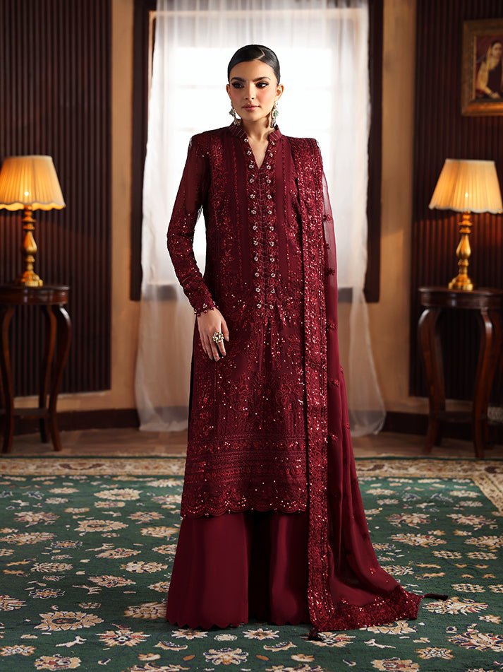 Elegant Luxury Work Unstitched Wedding Partywear Maroon Dress Nikha Walima Engagement Mehndi Mayon Dress