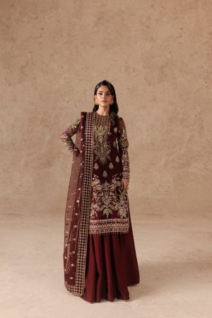 Elegant Luxury Work Unstitched Wedding Partywear Maroon Dress Nikha Walima Engagement Mehndi Mayon Dress
