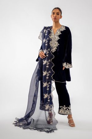 Velvet Elegant Luxury Work Unstitched Wedding Partywear Navy Blue Winter Dress Nikha Walima Engagement Mehndi Mayon Dress