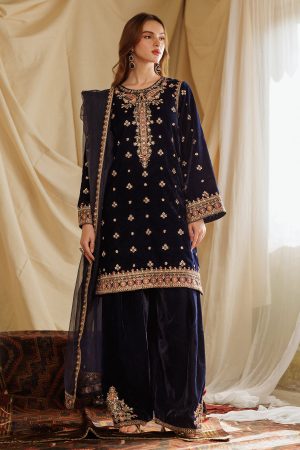 Velvet Elegant Luxury Work Unstitched Wedding Partywear Navy Blue Winter Dress Nikha Walima Engagement Mehndi Mayon Dress