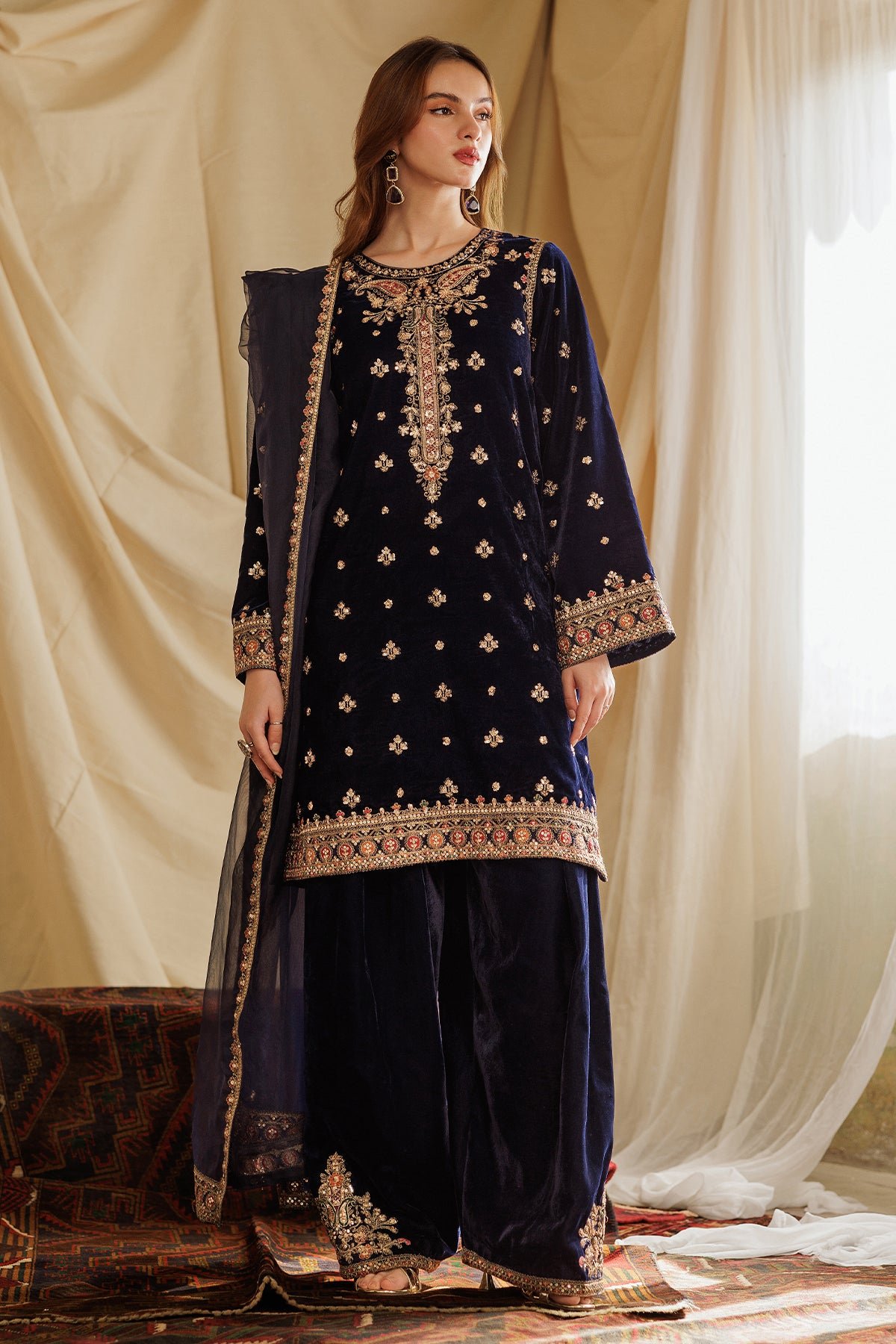 Velvet Elegant Luxury Work Unstitched Wedding Partywear Navy Blue Winter Dress Nikha Walima Engagement Mehndi Mayon Dress